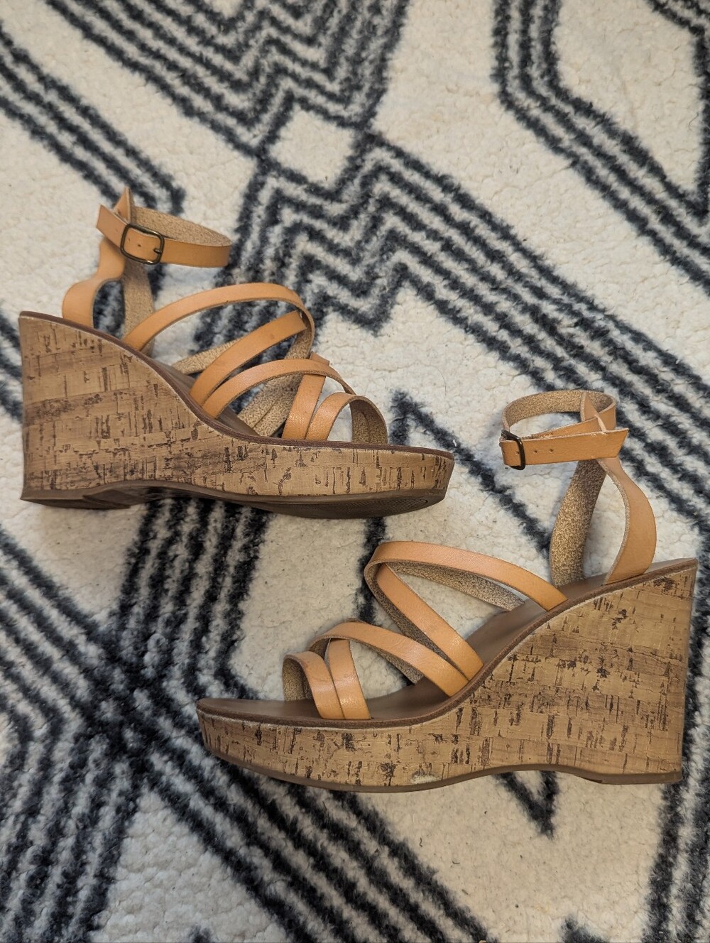 Genuine Leather Sandals Strappy Cork Wedge Adjustable Ankle Tan Mossimo
